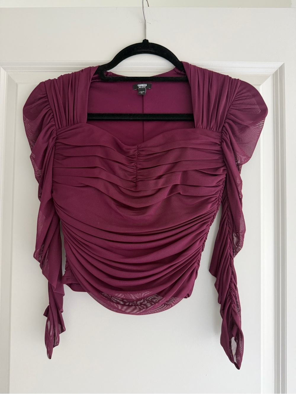 Express Plum Ruched Mesh Square Neck Blouse